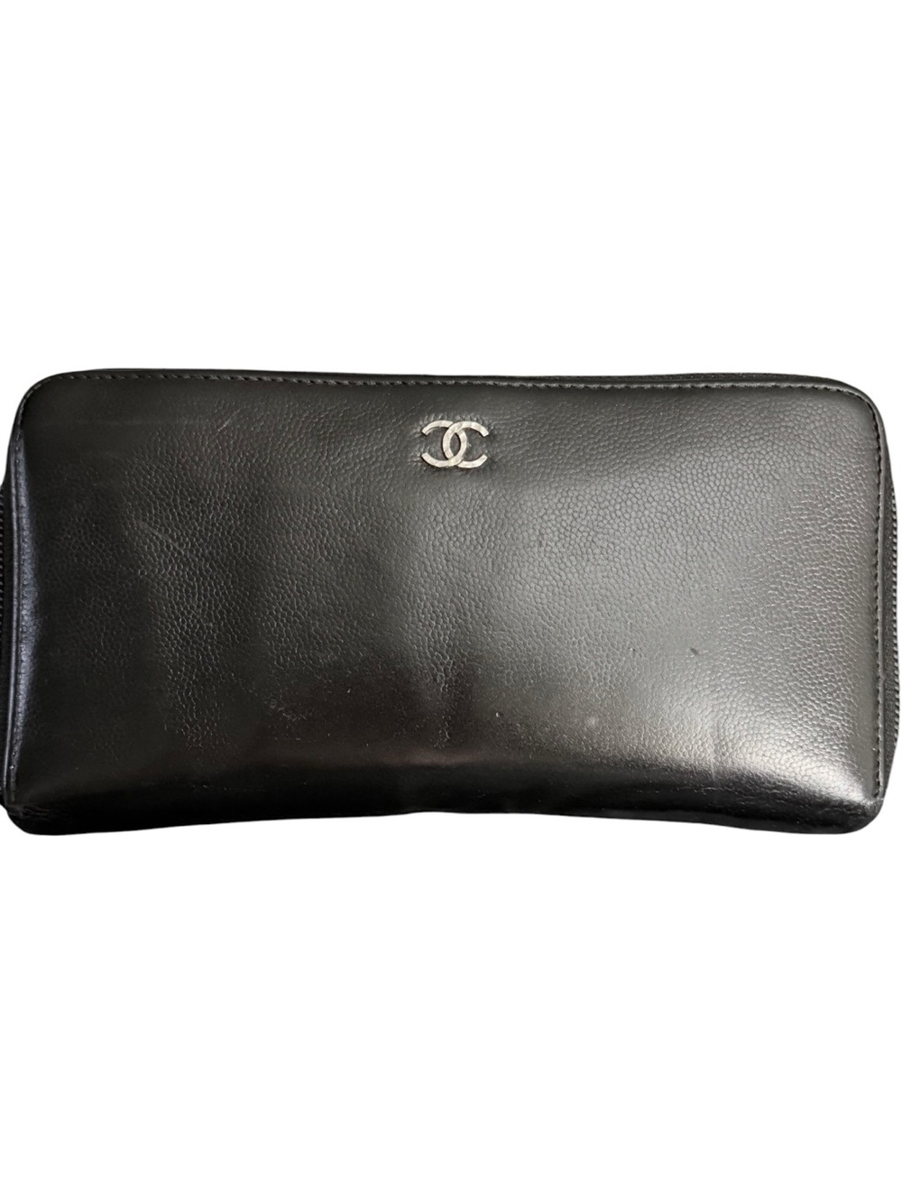 CHANEL Black Leather Zip-Around Wallet with Silver CC Logo
